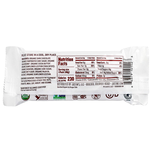 Justin's Nut Butter, сладости с органическим темным шоколадом и пастой из кешью, 2 шт., 40 г (1,4 унции)