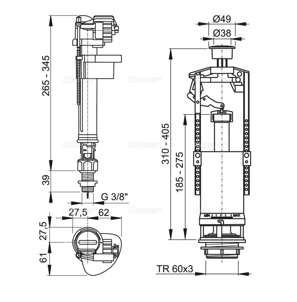 Выпускной комплект SA2000S 3/8" CHROM  со стоп кнопкой (одинарной), нижней пласт. подводкой.