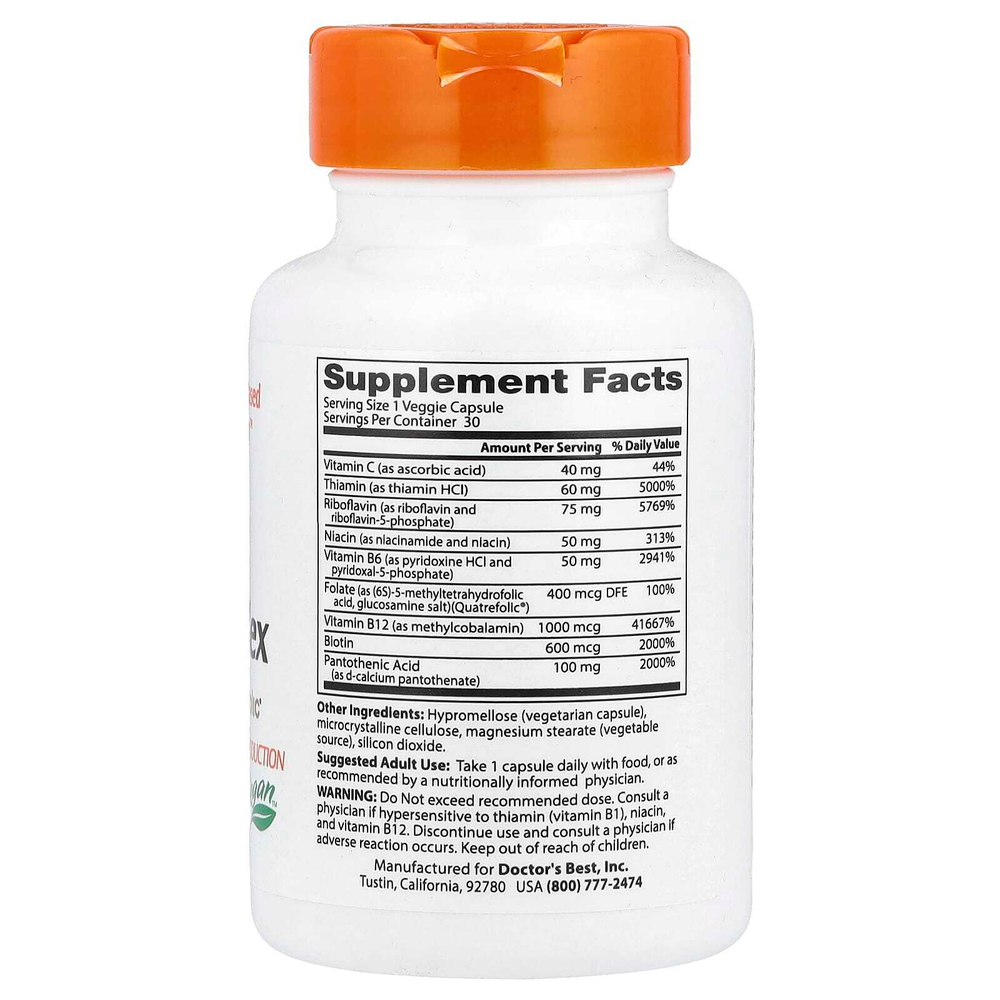 Doctor's Best, комплекс активных витаминов B с Quatrefolic, 30 вегетарианских капсул
