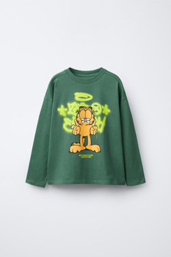 ZARA ФУТБОЛКА С ГРАФФИТИ-ПРИНТОМ GARFIELD © PAWS INC, БУТЫЛОЧНО-ЗЕЛЕНЫЙ