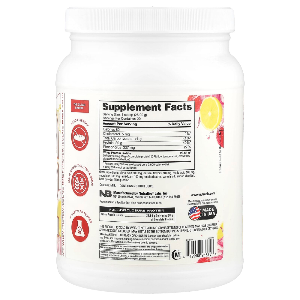 NutraBio, Прозрачный протеиновый порошок, изолят сывороточного протеина, клубничный лимонад, 518 г (1,2 фунта)