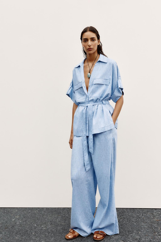 ZARA РУБАШКА САФАРИ ИЗ ЛЬНА, ГОЛУБОЙ