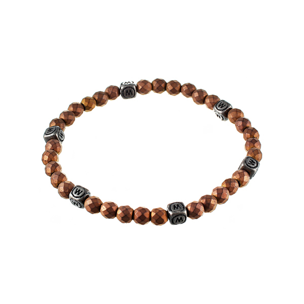 Стильный модный мужской браслет из бусин камня гематита (кровавика) бронзового цвета на резинке с металлическими шармами с буквами JV TOE-316-60130 в подарочной упаковке