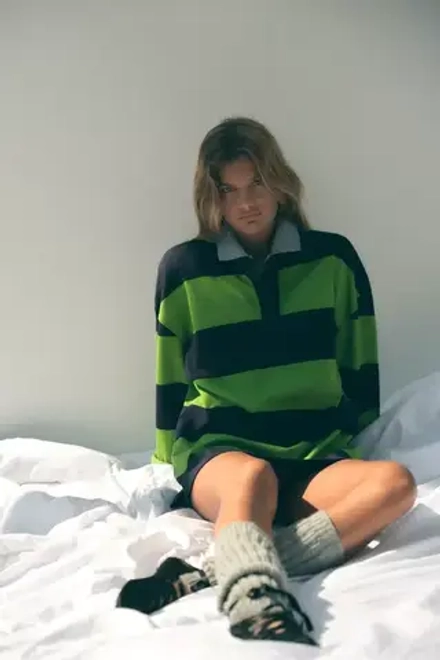 ZARA ПОЛО ИЗ ПЛОТНОГО ХЛОПКА В ПОЛОСКУ, ЗЕЛЕНЫЙ