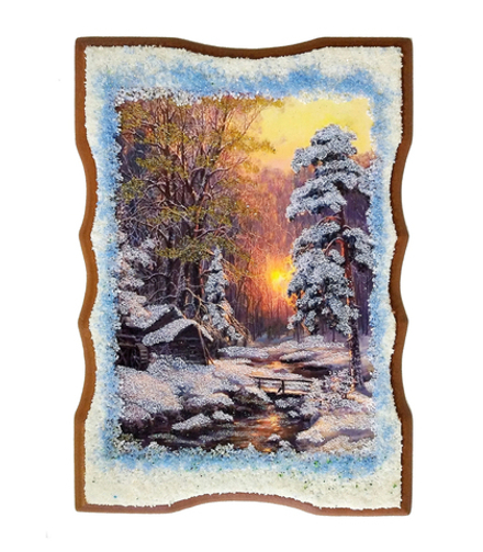 Репродукция на ажурном панно №3 прямоугольное" Зимний вечер" с подсыпкой уральскими минералами , размер 29-19-1см