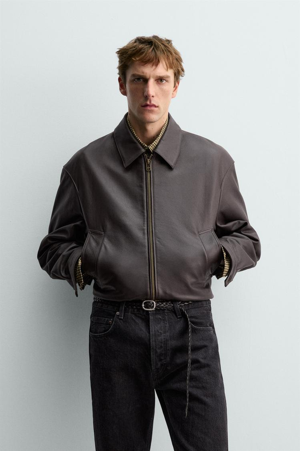 ZARA Х AARON LEVINE КОЖАНАЯ КУРТКА-БОМБЕР, ШОКОЛАДНЫЙ