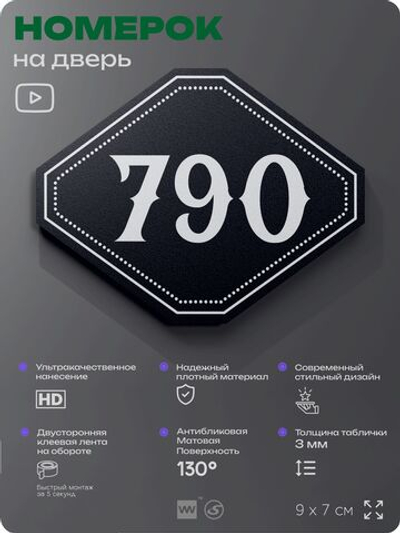 Номерок на дверь квартиры 790, для кабинета, офиса, шильдик 9 х 7 см, черный, Айдентика Технолоджи