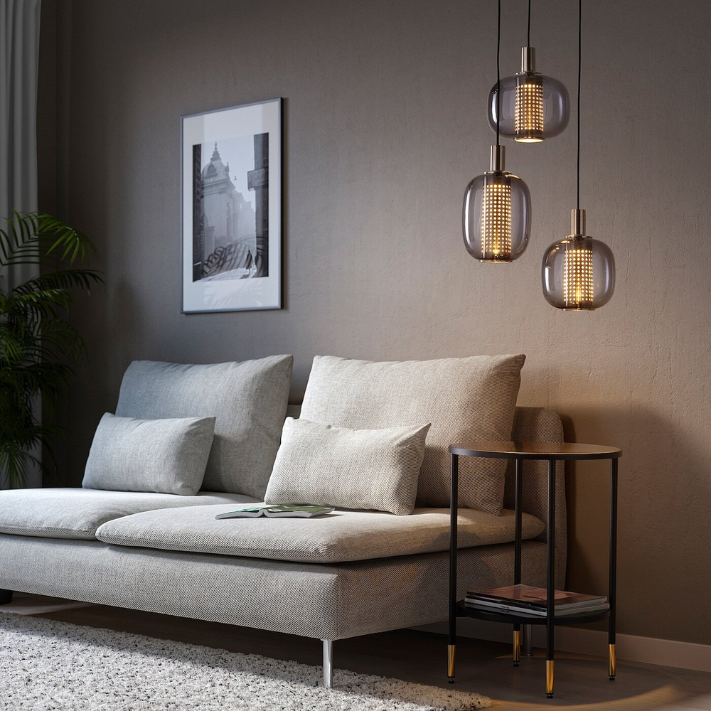 IKEA HÖGVIND  (ИКЕА ХÖГВИНД)  -  Подвесной светильник/3 лампы, серое никелированное стекло, 41 см