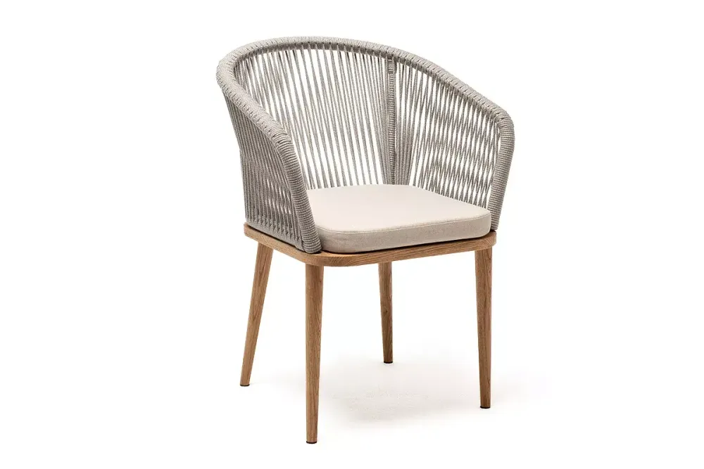 "Марсель" стул плетеный из роупа, основание дуб, роуп серый меланж круглый, ткань бежевая 052