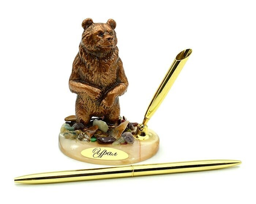 Письменный прибор на подставке из селенита с самоцветами "Медведь стоит" 75*55*100 мм.