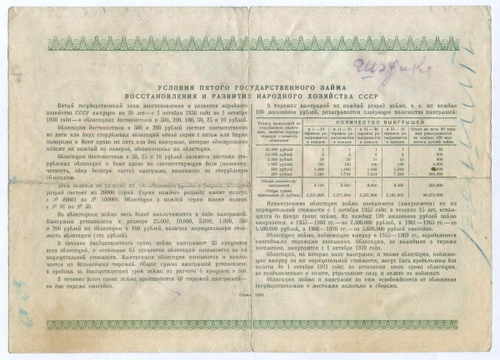 Облигация 100 рублей 1950 год. 5-ый заем восстановления и развития народного хозяйства. Серия № 097225. VG (надпись)