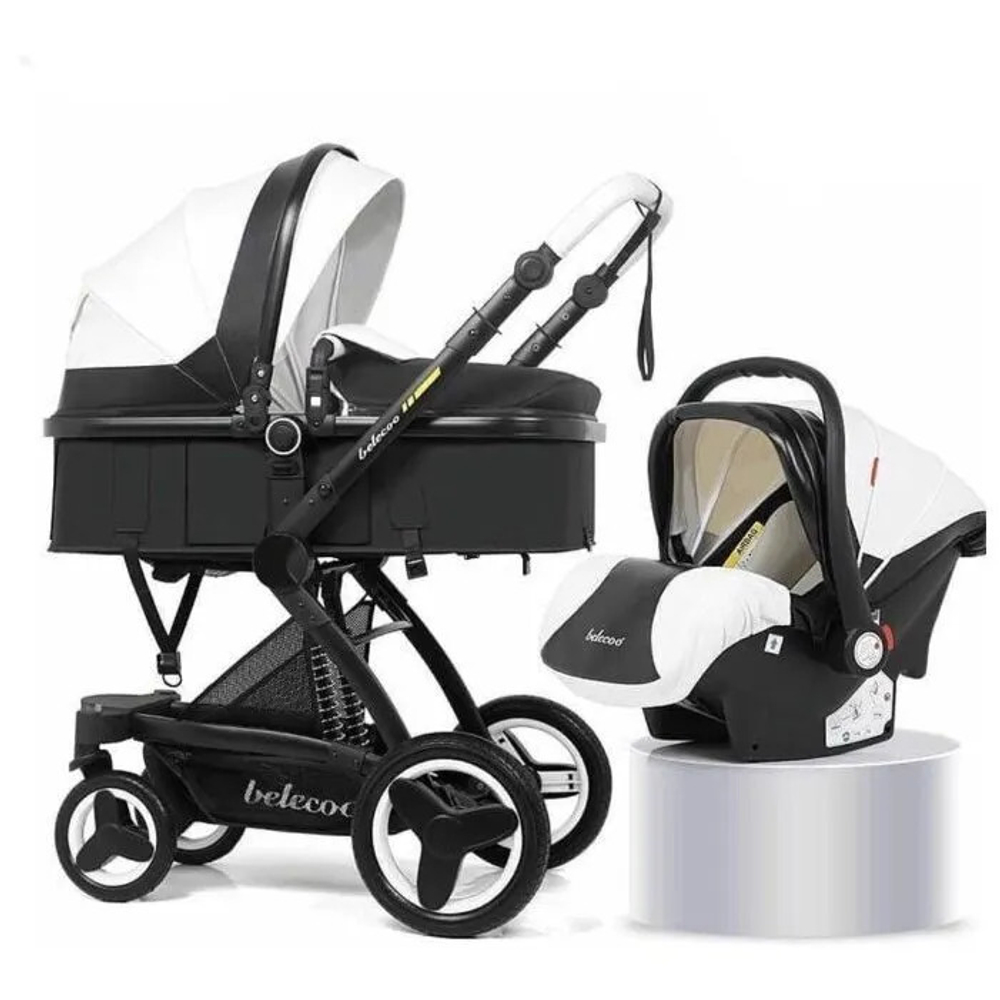 Коляска-трансформер с автокреслом 3в1 Belecoo/luxmom X6, чёрно-белая экокожа
