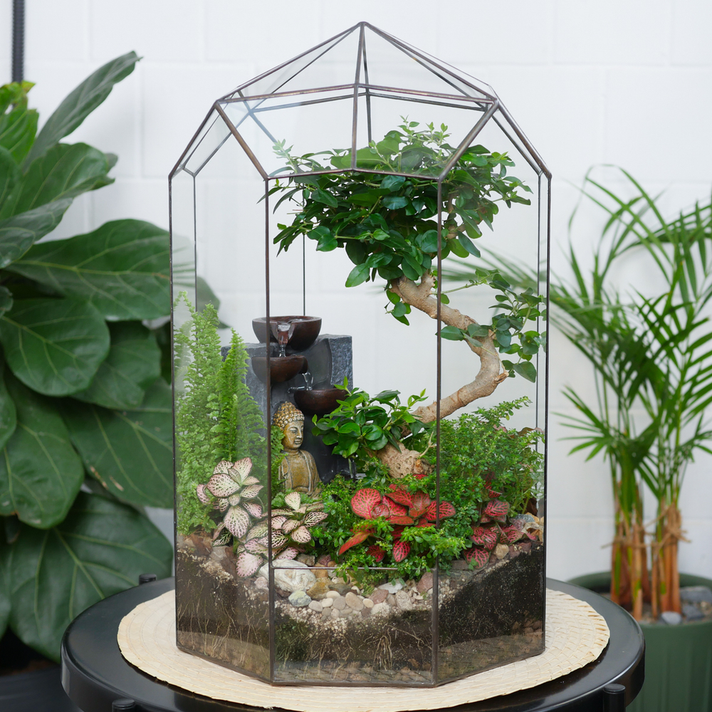 Готовый флорариум бонсай Лигуструм Ботанический сад XL 45см Будда с водопадом