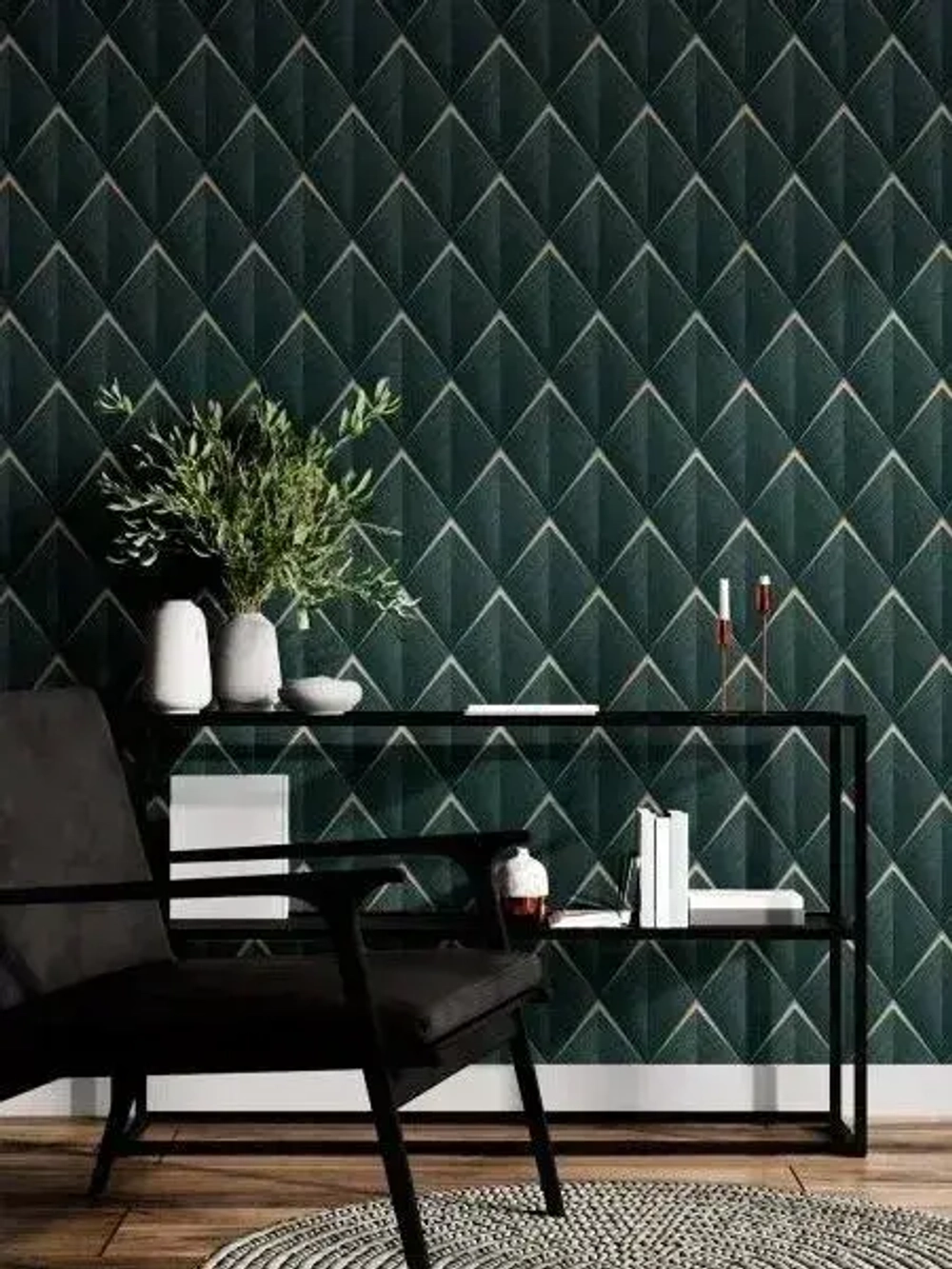 Обои винил горячего тиснения, моющиеся на флизелиновой основе Marvig Modish 1.06м х 10.05м, геометрия, темно-зеленый