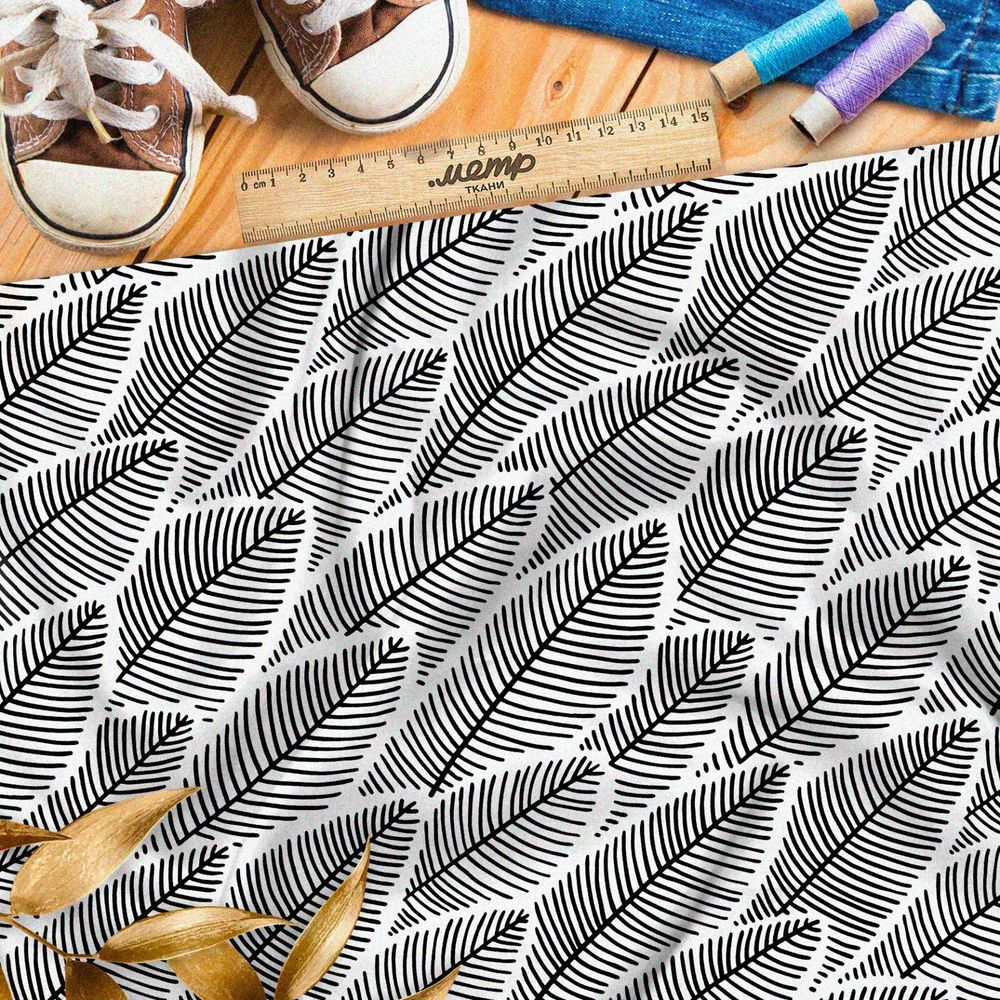 Ткань таффета плотный рисунок чёрно-белого папоротника