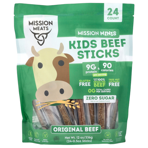 Mission Meats, миссии Минис, детские говяжьи палочки, оригинальная говядина, 24 палочки по 0,5 унции