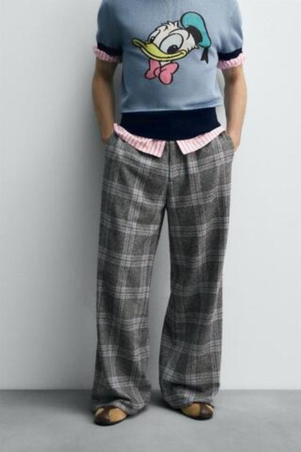 ZARA HARRY LAMBERT X DISNEY БРЮКИ WIDE FIT В КЛЕТКУ, СЕРЫЙ/СИНИЙ