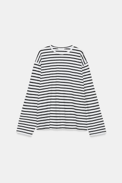 ZARA ФУТБОЛКА ИЗ ХЛОПКА И ЛЬНА В ПОЛОСКУ, ЧЕРНЫЙ/БЕЛЫЙ