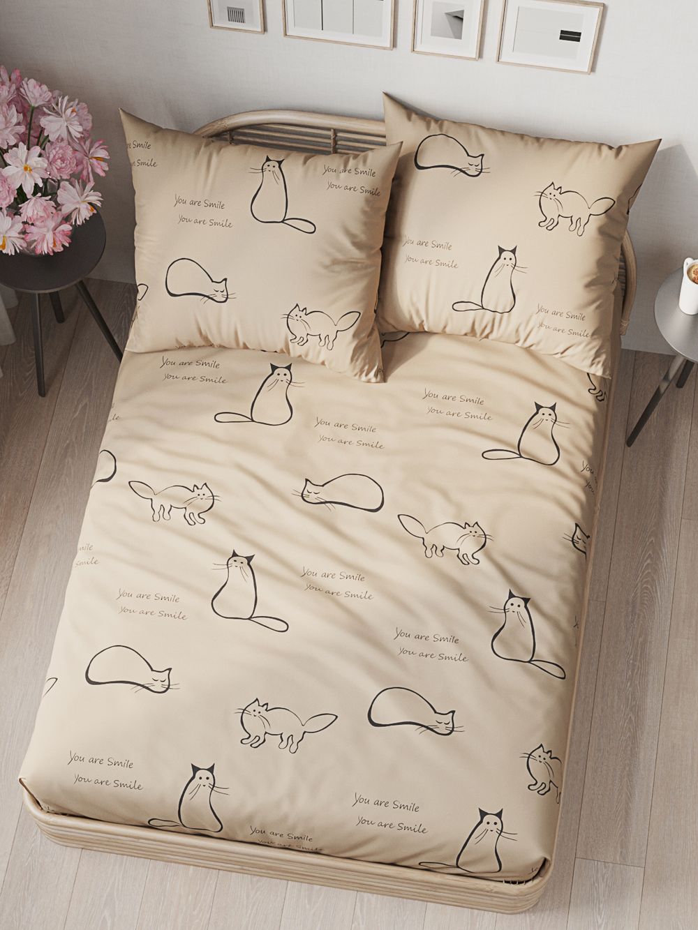 Постельное белье "КОТИКИ (беж)" 1,5-сп   наволочка 50х70 1шт Простынь на резинке 90х200 см  Пододеяльник 145х215 см  Сказка сатин