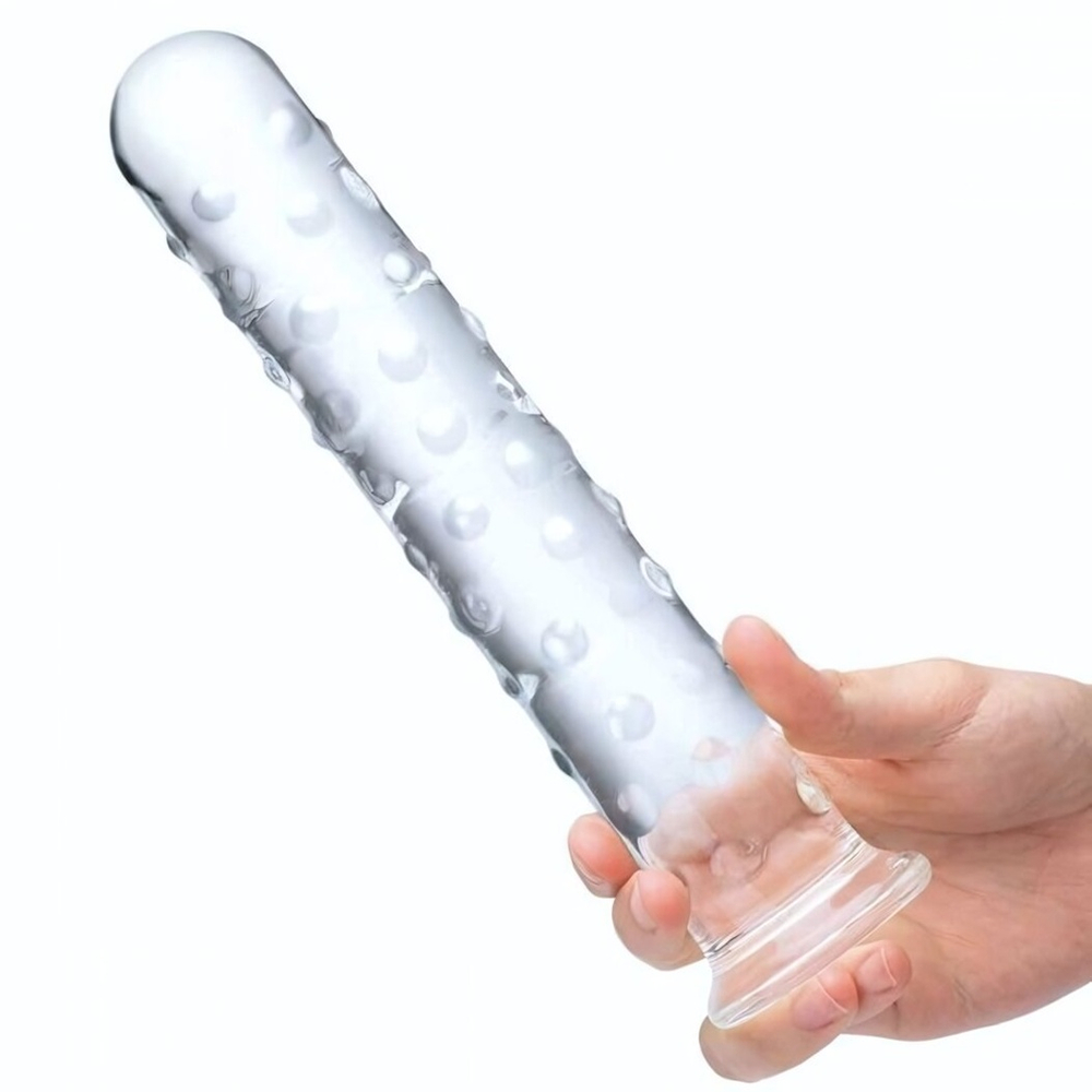 Прозрачный стеклянный фаллос с массажным рельефом 10 Extra Large Glass Dildo - 25,5 см. (Цвет: прозрачный)