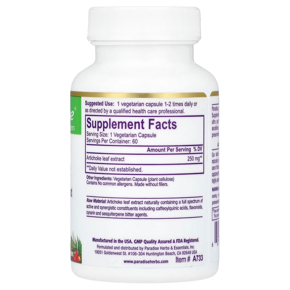 Paradise Herbs, артишок, 60 вегетарианских капсул (250 мг в 1 капсуле)