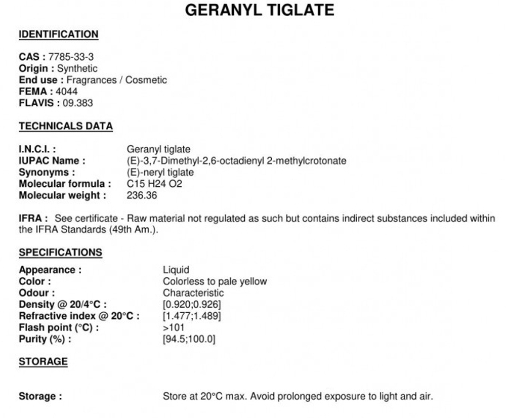 GERANYL TIGLATE / ГЕРАНИЛ ТИГЛАТ CAS 7785-33-3