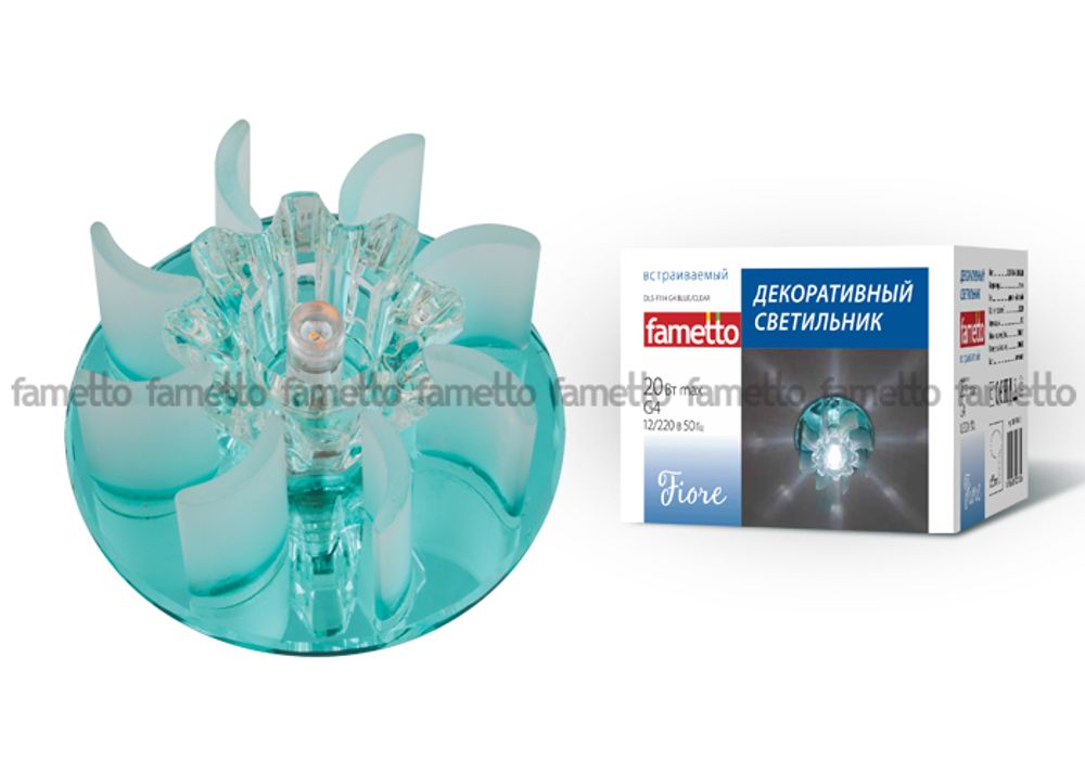 DLS-F114 G4 BLUE/CLEAR Светильник декоративный встраиваемый ТМ Fametto, серия Fiore. Без лампы, цоколь G4. Основание стекло, цвет голубой. Отделка