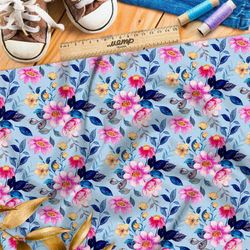 Ткань барби насыщенные розовые ромашки на голубом фоне