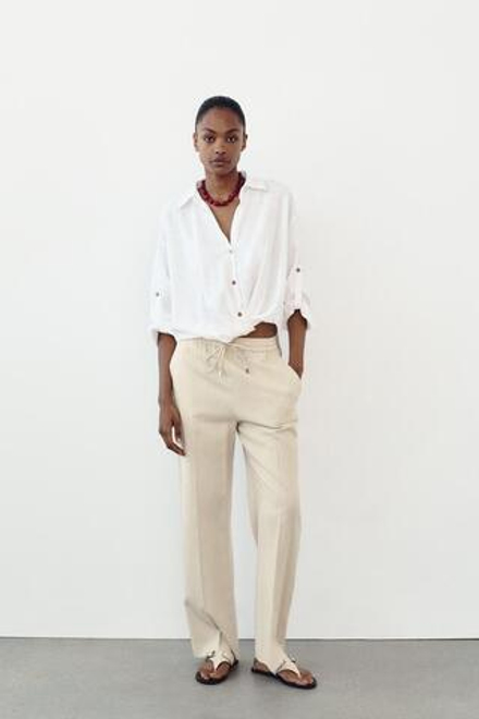 ZARA БРЮКИ ПРЯМОГО КРОЯ ИЗ СМЕСОВОГО ЛЬНА, СВЕТЛО-ПЕСОЧНЫЙ