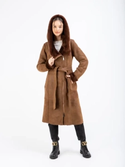 Дубленка женская натуральная длинная с капюшоном Турция