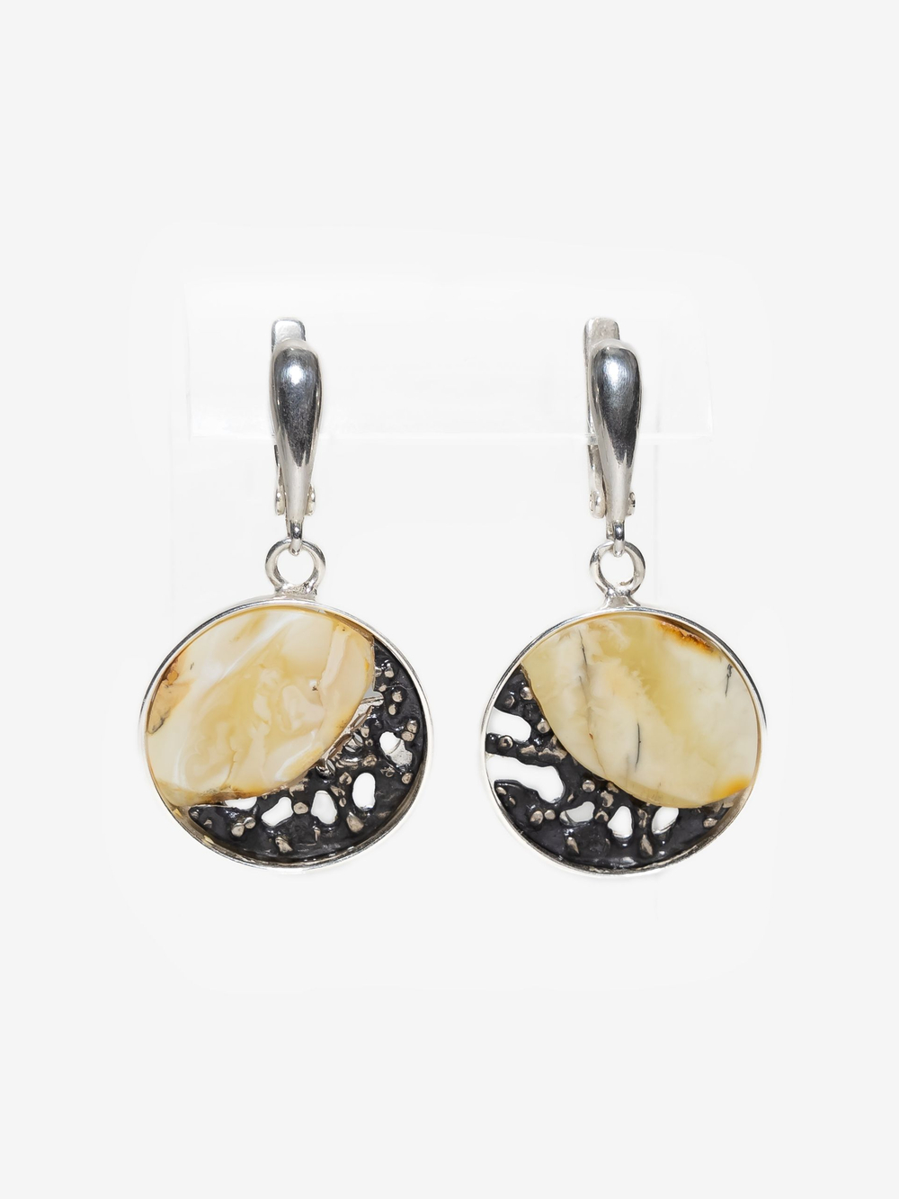 Уникальный серебряный комплект с цельным пейзажным янтарем, серебро 925 пробы