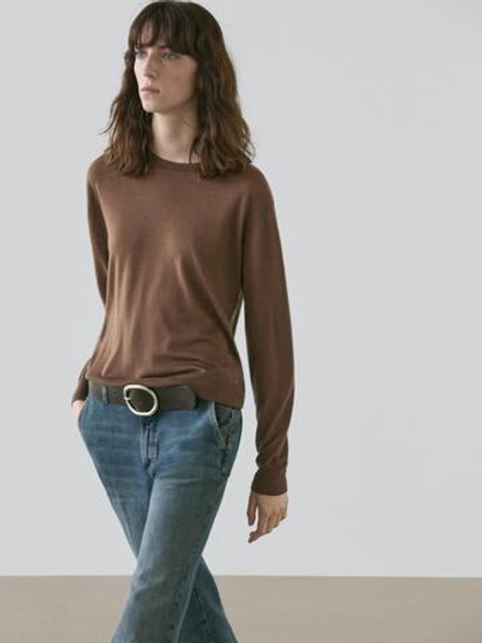 Massimo Dutti Свитер из тонкого трикотажа с круглым вырезом, тоффи