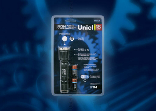 P-ML072-PB Black Фонарь Uniel-offroad (Premium) «Iron domination — 185 +», алюминиевый корпус, XP-E {Q4} CREE LED, упаковка — блистер, 2 х CR123A в/к,