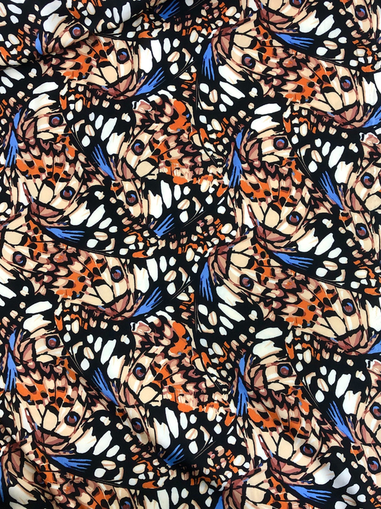 Плательная принт, бабочки беж/теракот/синий на черном BAVARIA D28