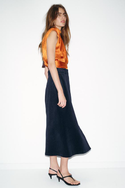 ZARA ПРЯМАЯ ЮБКА МИДИ ИЗ ВЕЛЬВЕТА, МОРСКОЙ СИНИЙ