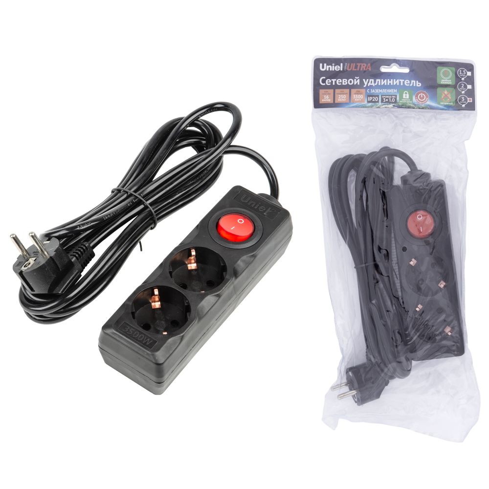 S-GCU2-3B BLACK Удлинитель серии Ultra. шнур 3м.. 2 гнезда. 16A. с-з. Черный. TM Uniel