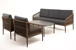 "Канны" лаунж-зона 5-местная из роупа со столом "Верона" (серый гранит), каркас алюминиевый коричневый, роуп коричневый