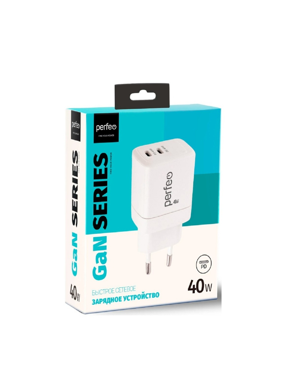 PERFEO Сетевое зарядное устройство с двумя разъемами TYPE-C, GaN, 40W, белый (I4662)