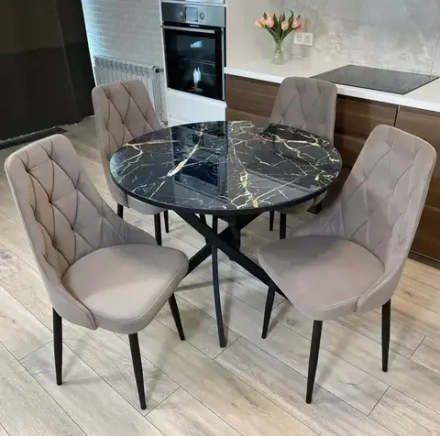 Обеденная группа NGVK Лакшери круглый стол черный мрамор стул-кресло капучино