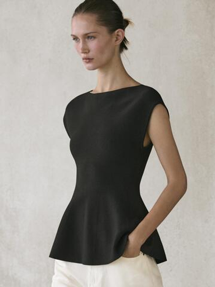 Massimo Dutti Трикотажный топ с круглым вырезом, черный
