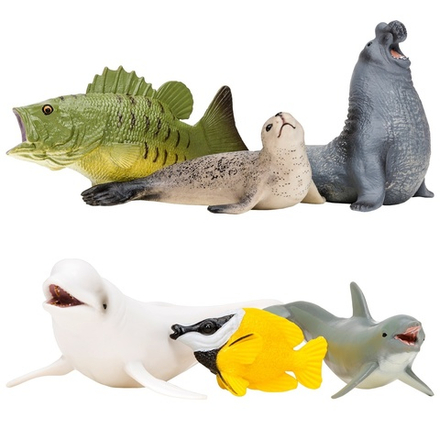Фигурки игрушки серии "Мир морских животных": Белуха, тюлень, дельфин, рыба-лиса, морской слон, окунь