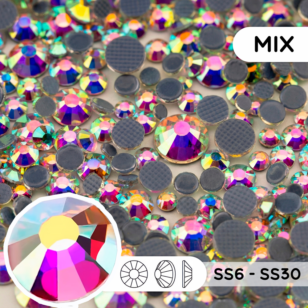 Набор страз горячей фиксации “Crystal AB” (микс размеров SS6–SS30)