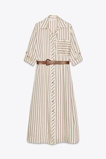 ZARA ПЛАТЬЕ МИДИ В ПОЛОСКУ С РЕМНЕМ, ЭКРЮ/ГРАНАТОВЫЙ