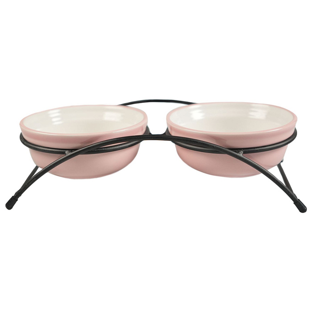 Миски Mr.Kranch на подставке для собак и кошек двойные 2x290 мл с лапкой розовые