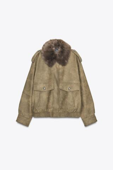 ZARA КУРТКА ИЗ ИСКУССТВЕННОЙ ЗАМШИ СО СЪЕМНЫМ ВОРОТНИКОМ, ХАКИ