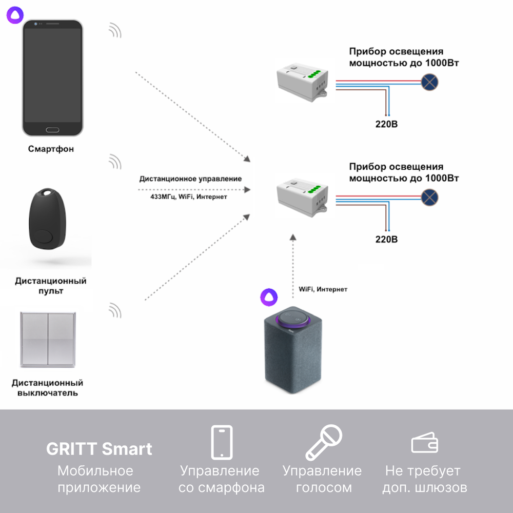 Умный беспроводной выключатель GRITT Elegance 2кл. серебристый комплект: 1 выкл., 2 реле 1000Вт 433 + WiFi с управлением со смартфона, E181220TGWF