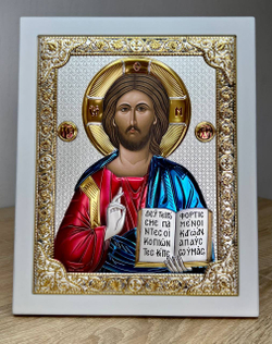 Спаситель, икона прямоугольная с рамкой, белое дерево, эмаль 150х190