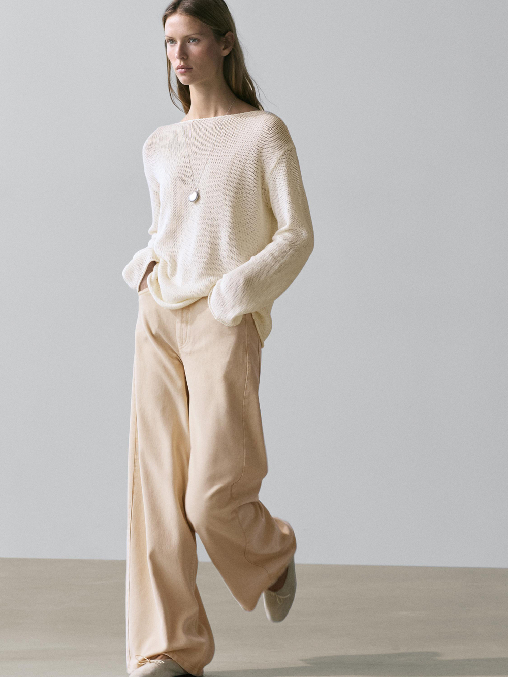 Massimo Dutti Свитер из смесового хлопка с ажурным узором, натуральный/кремовый