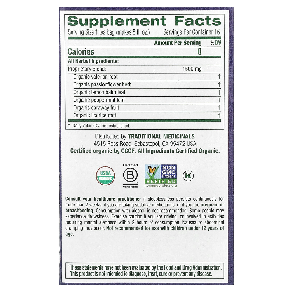 Traditional Medicinals, Organic Nighty Night Extra®, мелисса лекарственная и валериана, без кофеина, 16 чайных пакетиков, 24 г (0,85 унции)