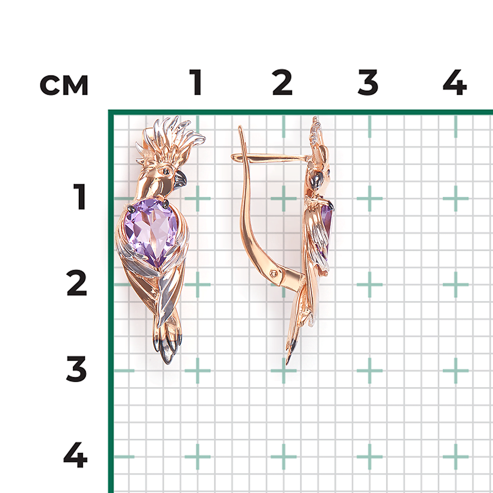 Серьги «Попугаи Какаду» с английским замком из красного золота с аметистом